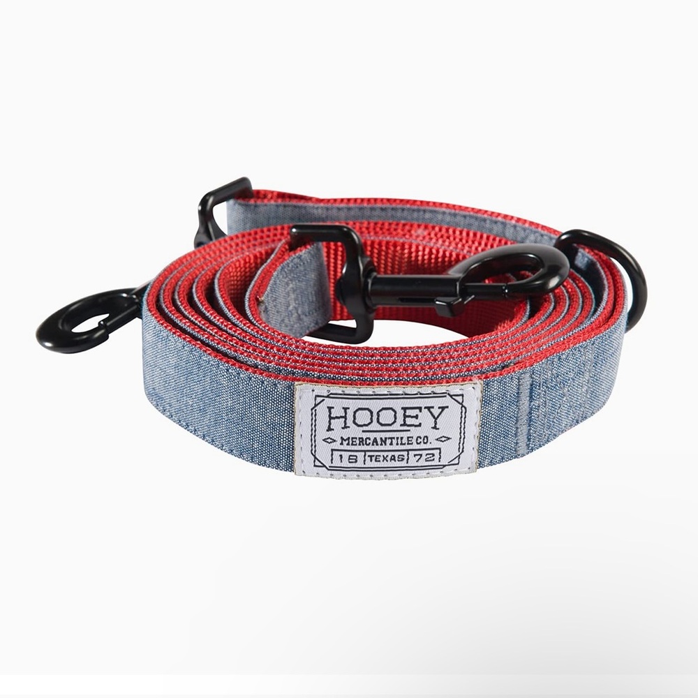HOOEY Mercantile Dog Leash, Durable 2-Ply Webbing & Fabric Face, Denim/Red, 6'